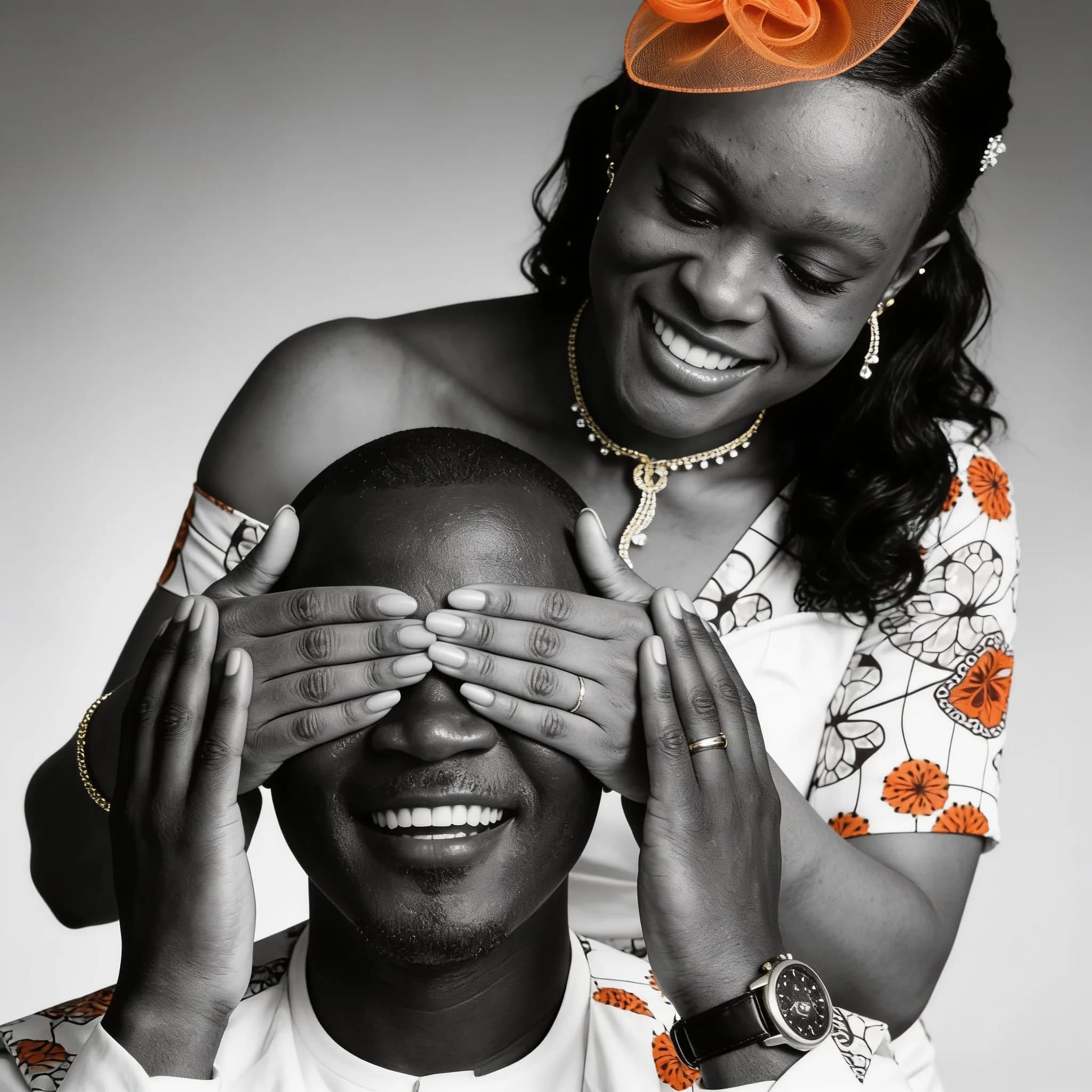 Richelle, souriante, pose ses mains sur les yeux de Lionel qui rit ; tous deux portent des tenues en pagne fleuri.